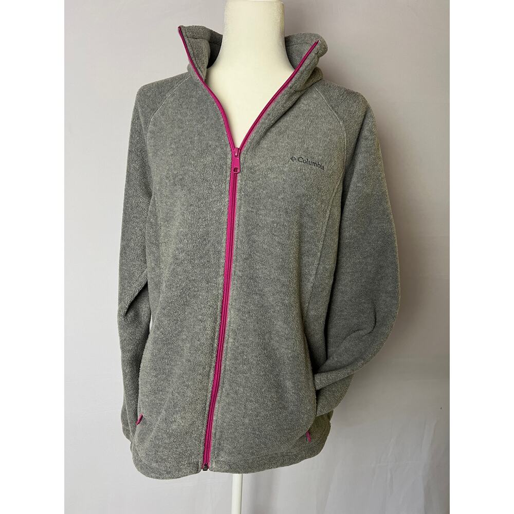 Columbia Fleece Jacket Gray Pink Trim Women XL Cabincore Gorp Outdoor Athleisure